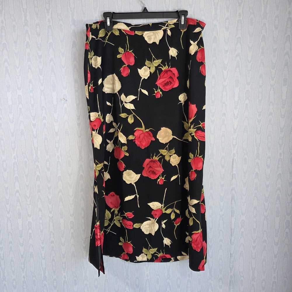 Vtg Joanna Plus Skirt Womens 18W Black Floral Rose Print 90s‎ Y2K Whimsygoth